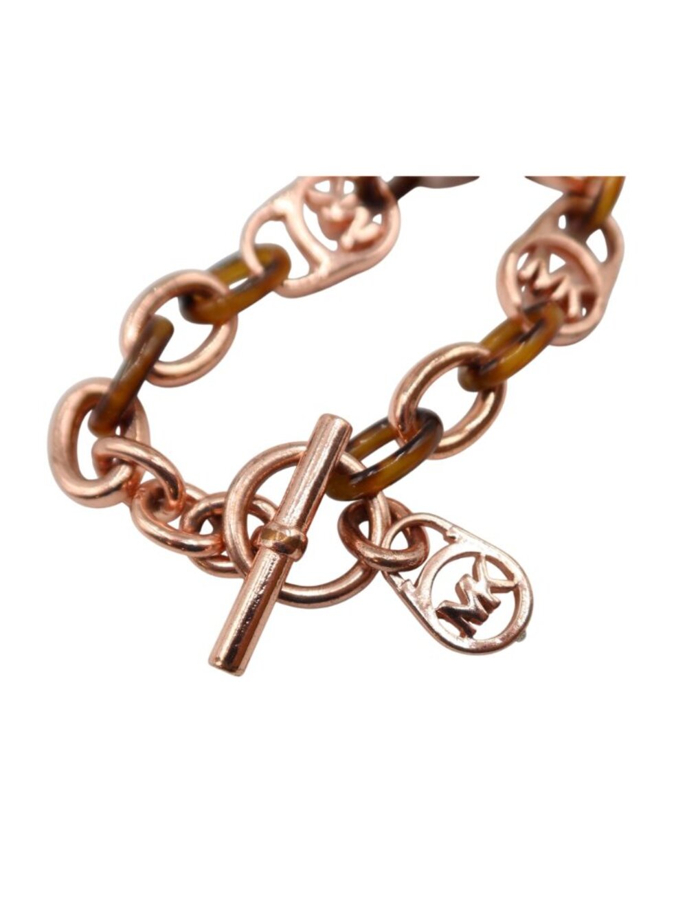 MICHAEL KORS MK Logo Rose Gold Faux Tortoiseshell Chunky Chain Padlock Bracelet - Picture 4 of 8